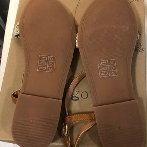 Tan and gold thong flat sandal